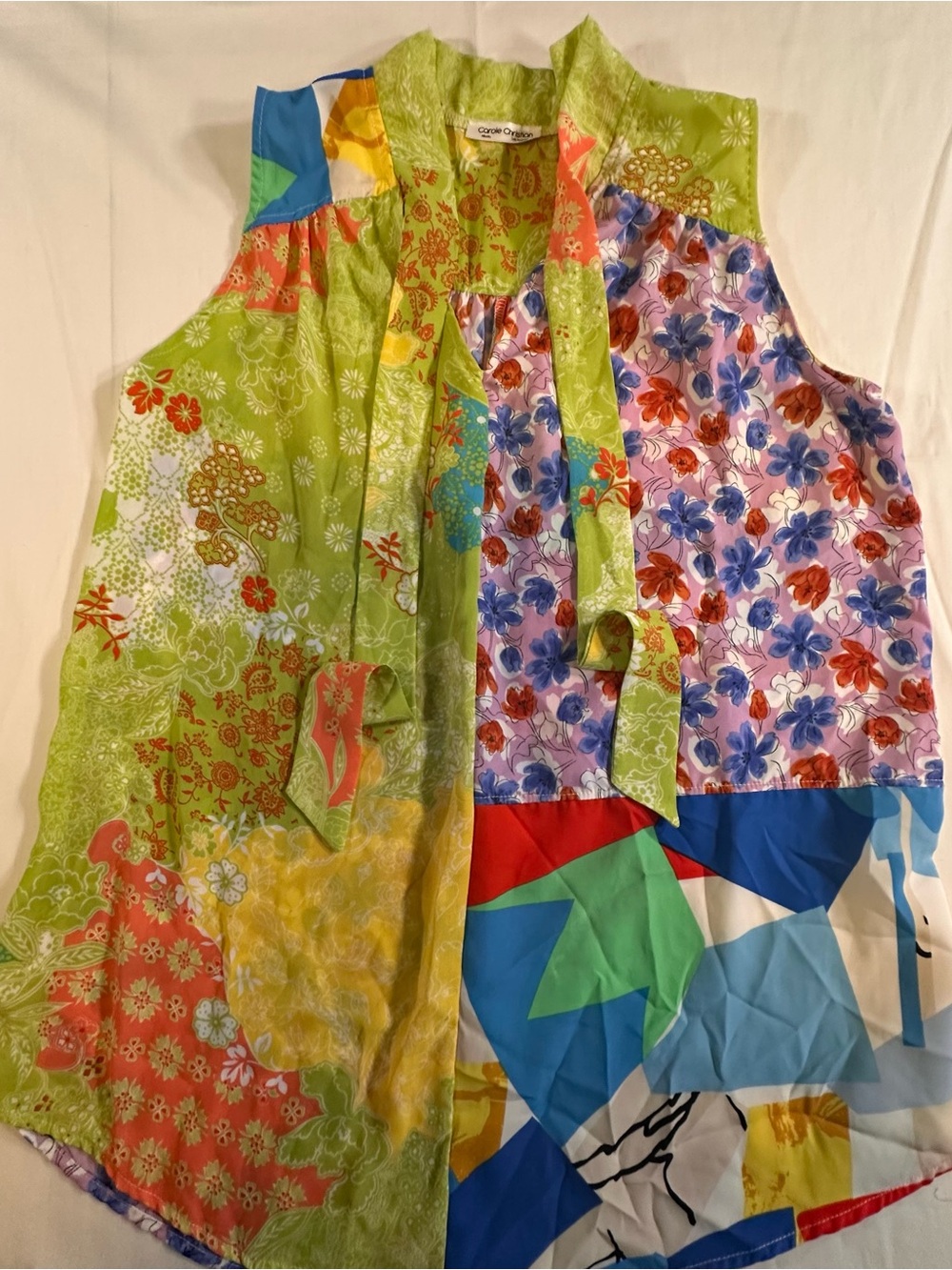 Patchwork Floral Tie-Neck Sleeveless Tunic Boho country cottage lightweight